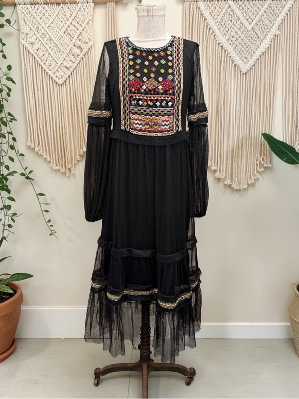 Zara Beaded Boho Black Midi Dress Sheer Tulle Trafaluc Collection Embroidery S